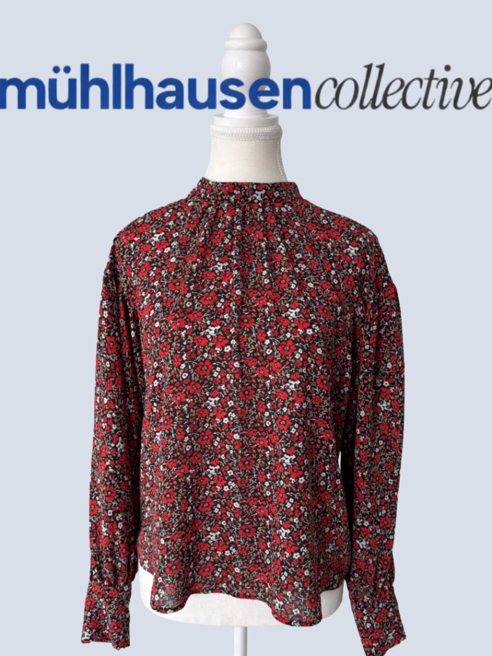 Banana Republic Red Floral Long-Sleeve Mock Neck Blouse